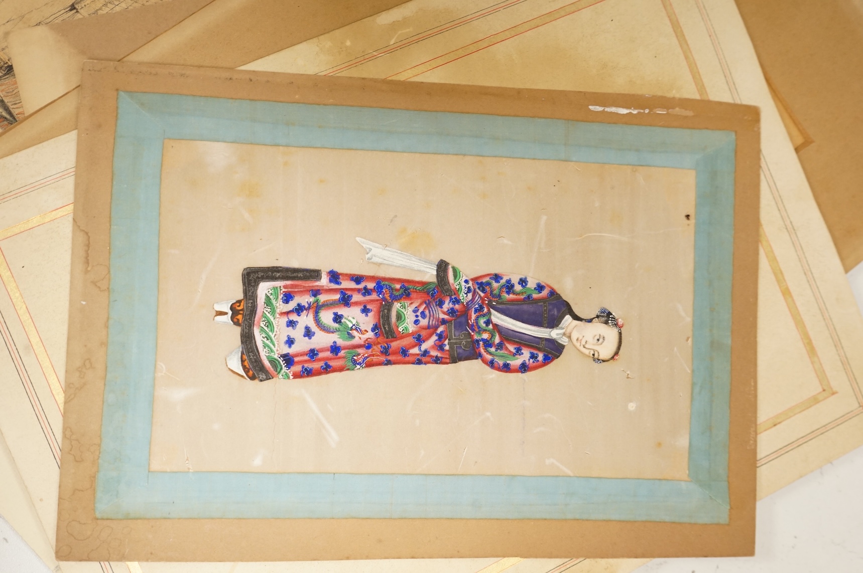 A collection of unframed watercolours and prints, to include: Chinese pith paper paintings, 19th century German fashion plates and studies of gentlemen in military dress, two gouaches